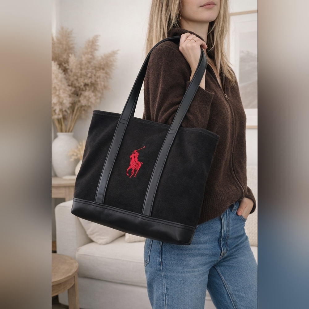 Polo Ralph Lauren Black Canvas Tote – Red Embroidered Pony Logo